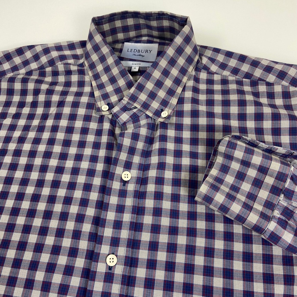 Ledbury Mens XL‎ Blue Red Gingham Button Down Slim Fit Dress Shirt Office Casual
